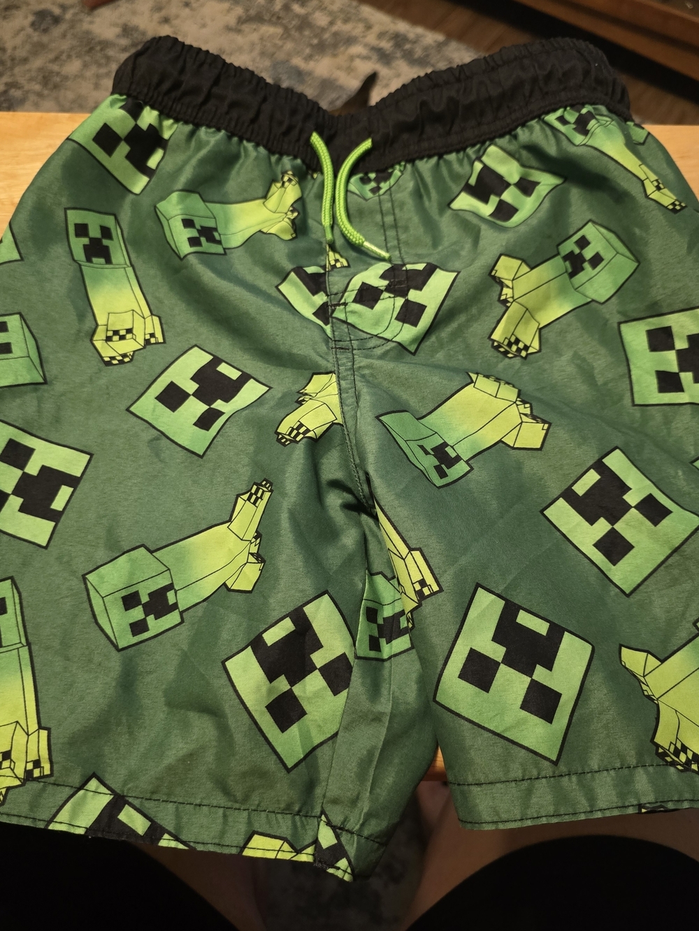 Minecraft Boys - Medium - Green Creeper Print Swim Trunks - EUC